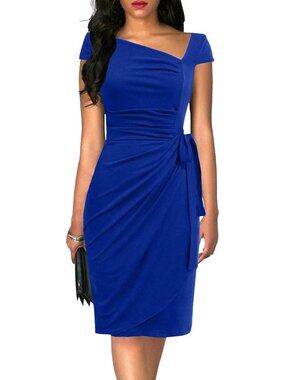 Women's Retro Cap Sleeve Knee-Length Sheath Royal Blue Bodycon Faux Wrap Dress